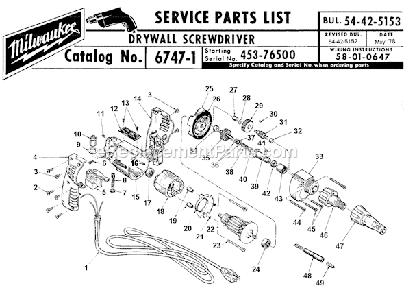 Page A Diagram and Parts List for 6747-1 SER 453-76500 Milwaukee Electric Drill