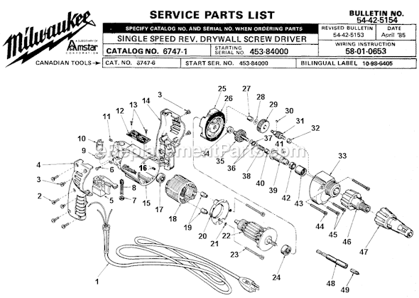 Page A Diagram and Parts List for 6747-1 SER 453-8400 Milwaukee Electric Drill