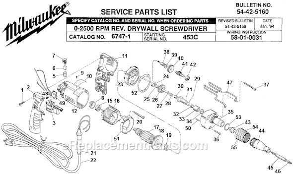 Page A Diagram and Parts List for 6747-1 SER 453C Milwaukee Electric Drill