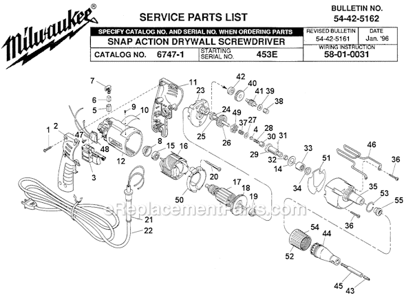 Page A Diagram and Parts List for 6747-1 SER 453E Milwaukee Electric Drill
