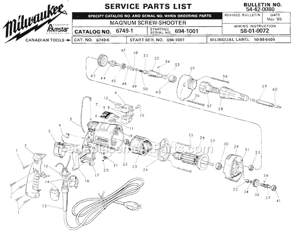 Page A Diagram and Parts List for 6749-1 SER 694-1001 Milwaukee Electric Drill