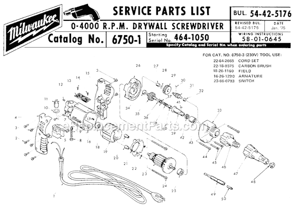 Page A Diagram and Parts List for 6750-1 SER 464-1050 Milwaukee Electric Drill