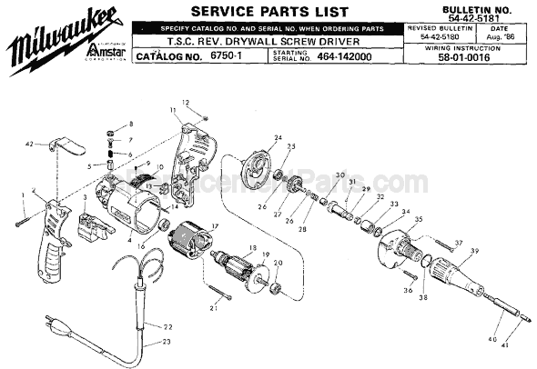 Page A Diagram and Parts List for 6750-1 SER 464-142000 Milwaukee Electric Drill