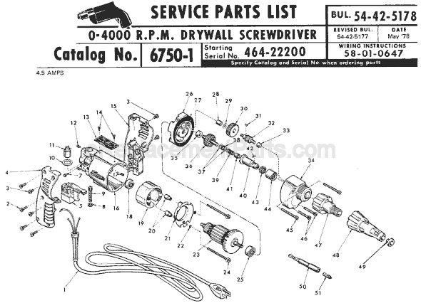 Page A Diagram and Parts List for 6750-1 SER 464-22200 Milwaukee Electric Drill