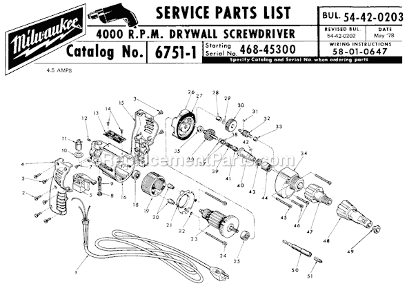 Page A Diagram and Parts List for 6751-1 SER 468-45300 Milwaukee Electric Drill