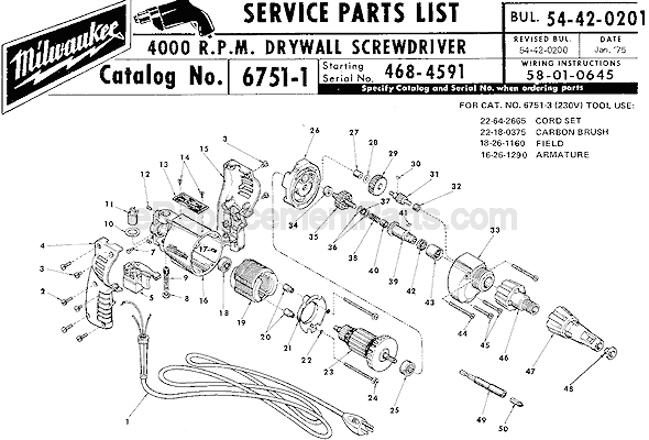 Page A Diagram and Parts List for 6751-1 SER 468-4591 Milwaukee Electric Drill
