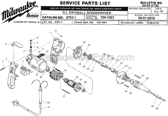 Page A Diagram and Parts List for 6753-1 SER 704-1001 Milwaukee Electric Drill