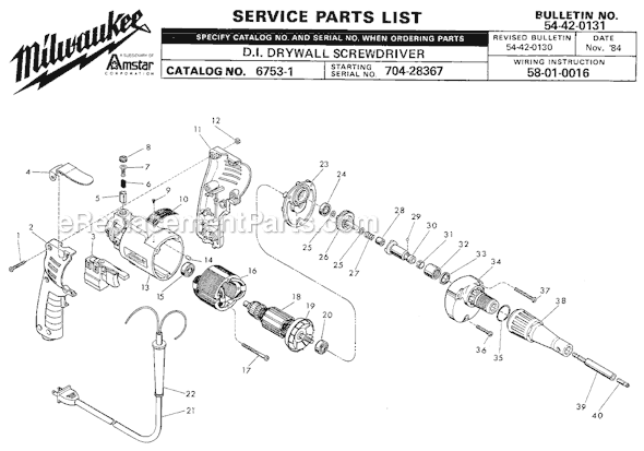 Page A Diagram and Parts List for 6753-1 SER 704-28367 Milwaukee Electric Drill