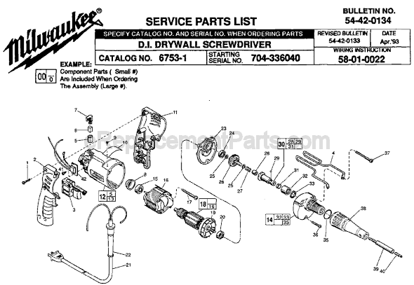 Page A Diagram and Parts List for 6753-1 SER 704-336040 Milwaukee Electric Drill