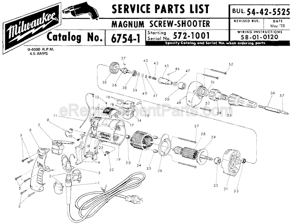 Page A Diagram and Parts List for 6754-1 SER 572-1001 Milwaukee Electric Drill