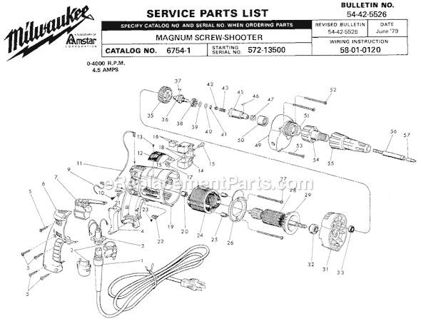 Page A Diagram and Parts List for 6754-1 SER 572-13500 Milwaukee Electric Drill
