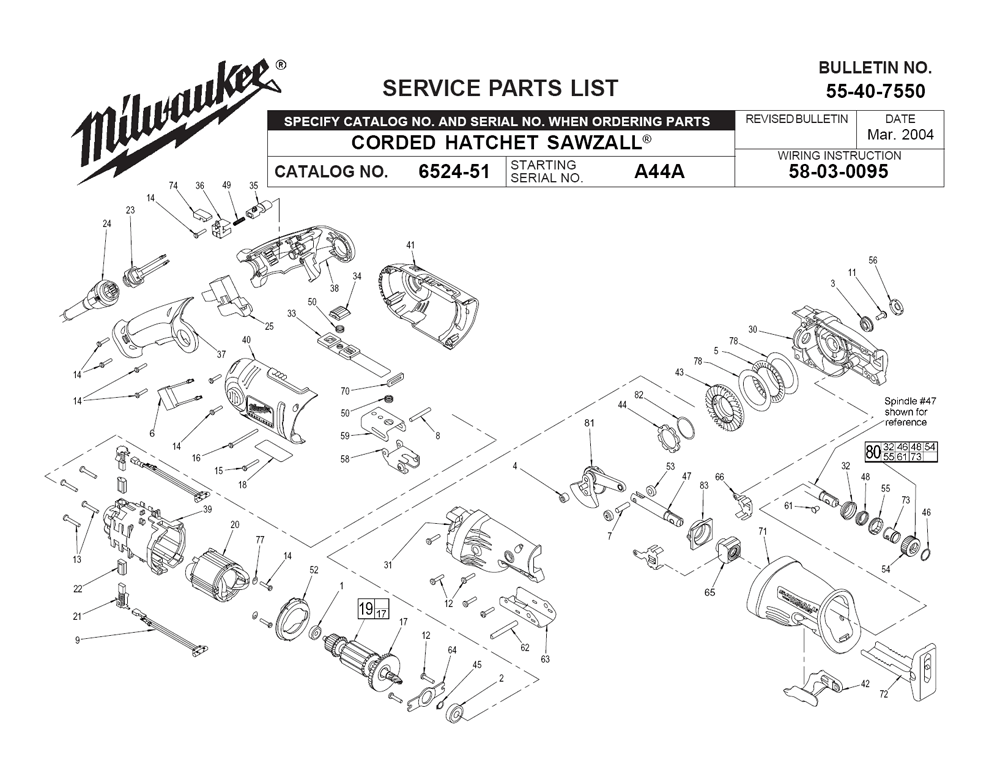Fig-0 Diagram and Parts List for 6524-51 A44A Milwaukee Angle Grinder