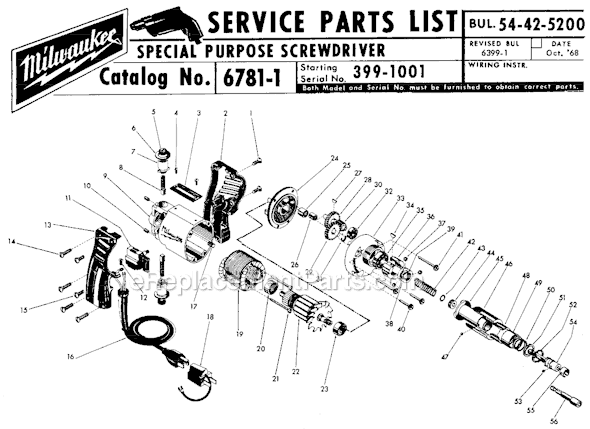 Page A Diagram and Parts List for 6781-1 SER 399-1001 Milwaukee Electric Drill
