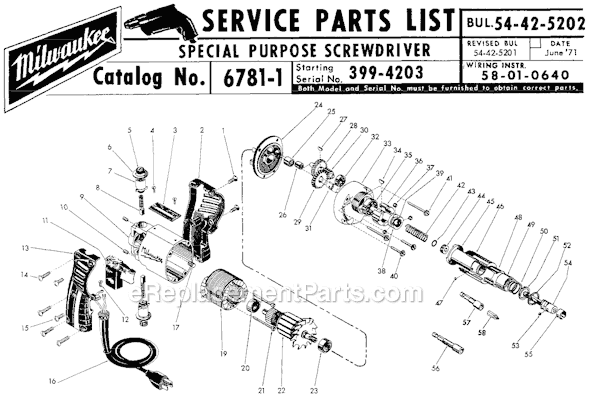 Page A Diagram and Parts List for 6781-1 SER 399-4203 Milwaukee Electric Drill