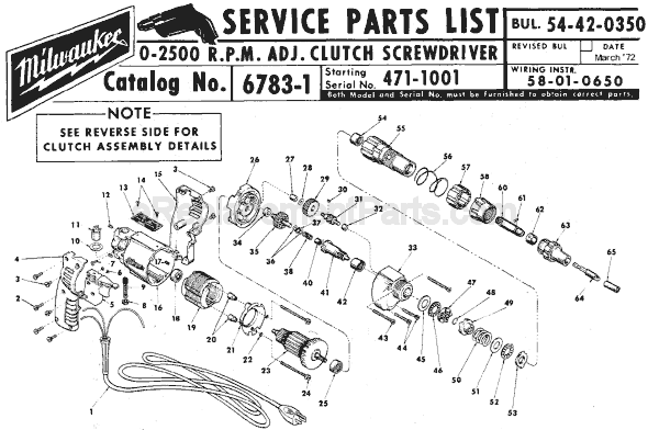 Page A Diagram and Parts List for 6783-1 SER 471-1001 Milwaukee Electric Drill