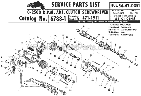 Page A Diagram and Parts List for 6783-1 SER 471-1911 Milwaukee Electric Drill