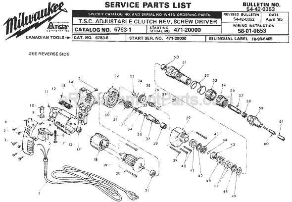 Page A Diagram and Parts List for 6783-1 SER 471-20000 Milwaukee Electric Drill