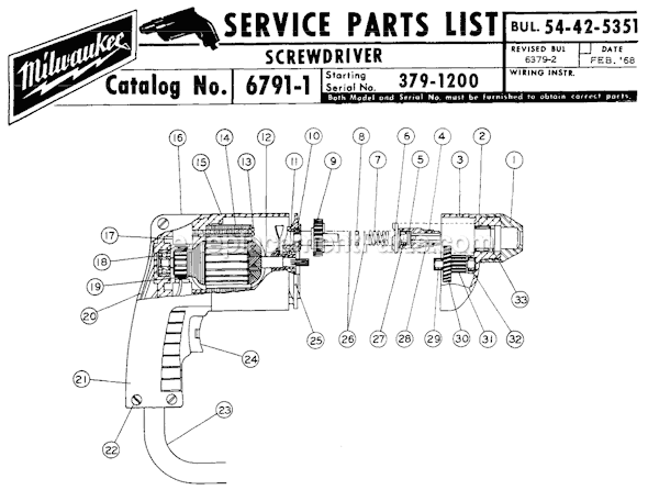 Page A Diagram and Parts List for 6791-1 SER 379-1200 Milwaukee Electric Drill