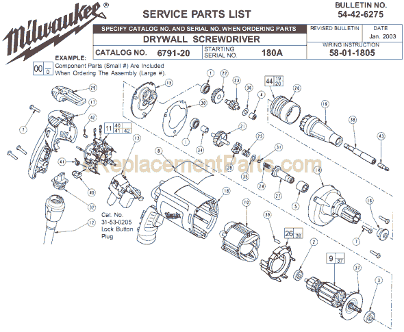 Page A Diagram and Parts List for 6791-20 SER 180A Milwaukee Electric Drill