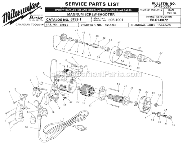 Page A Diagram and Parts List for 6793-1 SER 695-1001 Milwaukee Electric Drill