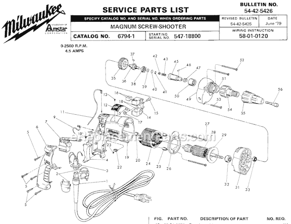 Page A Diagram and Parts List for 6794-1 SER 547-18800 Milwaukee Electric Drill
