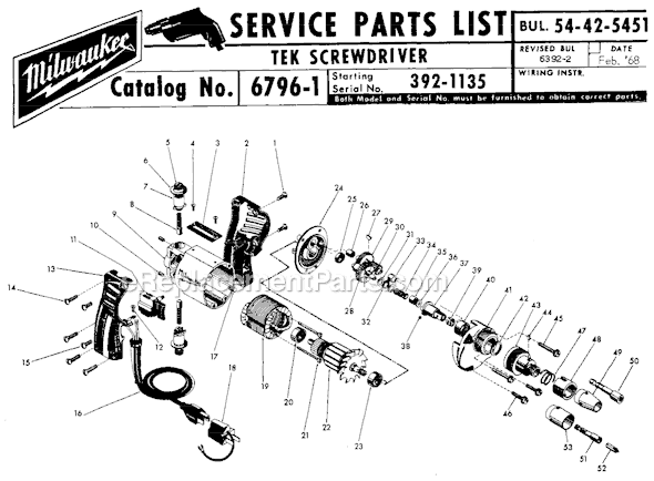 Page A Diagram and Parts List for 6796-1 SER 392-1135 Milwaukee Electric Drill