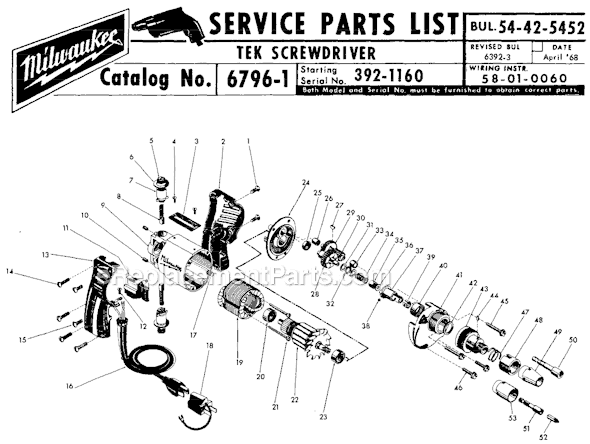 Page A Diagram and Parts List for 6796-1 SER 392-1160 Milwaukee Electric Drill