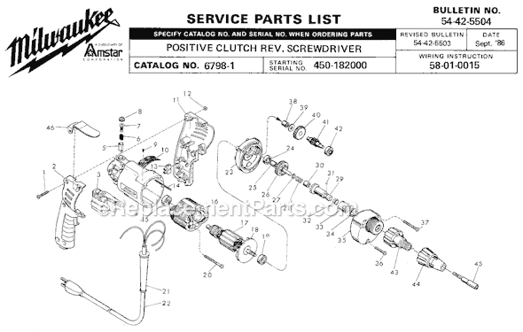 Page A Diagram and Parts List for 6798-1 SER 450-182000 Milwaukee Electric Drill