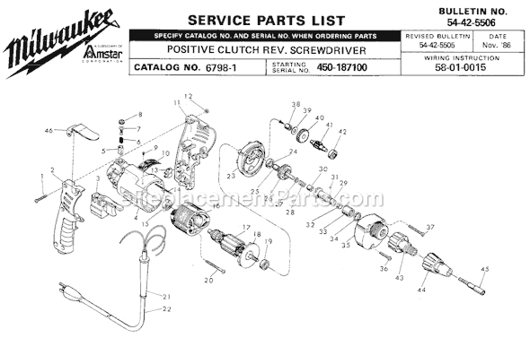 Page A Diagram and Parts List for 6798-1 SER 450-187100 Milwaukee Electric Drill