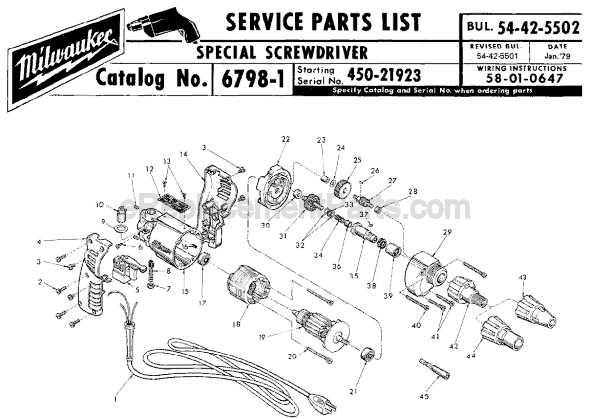 Page A Diagram and Parts List for 6798-1 SER 450-21923 Milwaukee Electric Drill