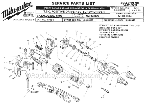 Page A Diagram and Parts List for 6798-1 SER 450-66000 Milwaukee Electric Drill