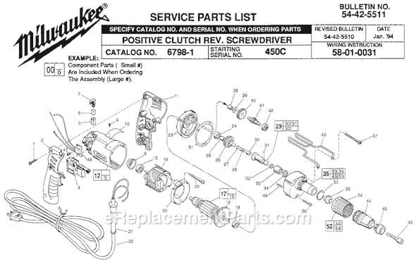 Page A Diagram and Parts List for 6798-1 SER 450C Milwaukee Electric Drill