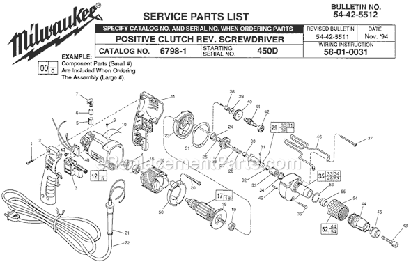 Page A Diagram and Parts List for 6798-1 SER 450D Milwaukee Electric Drill