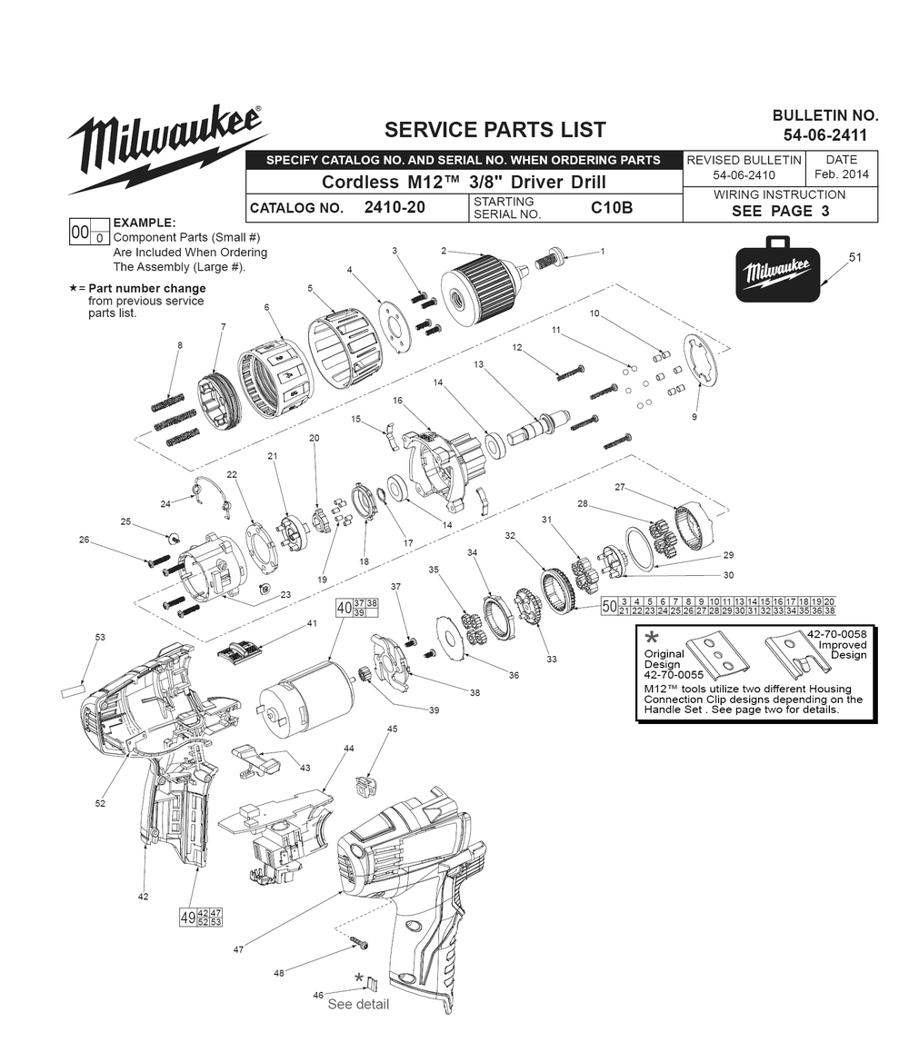 Fig-0 Diagram and Parts List for 2410-22 C10B Milwaukee Cordless Drill