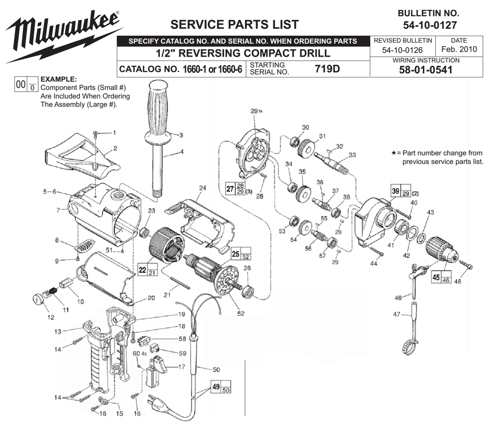Fig-0 Diagram and Parts List for 1660-1 719D Milwaukee Electric Drill