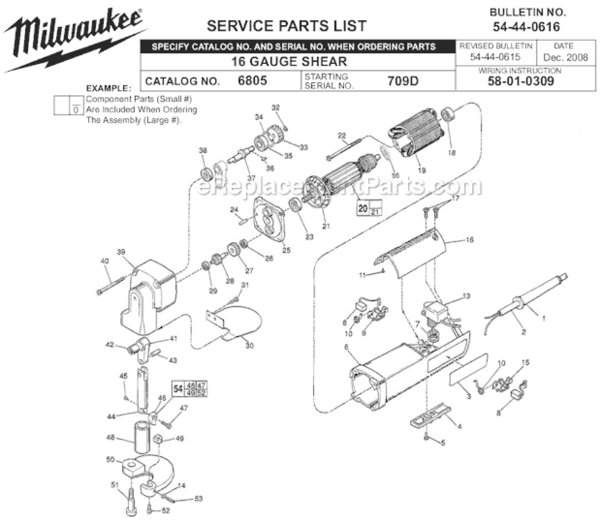 Page A Diagram and Parts List for 6805 SER 709D Milwaukee Nibbler & Shears