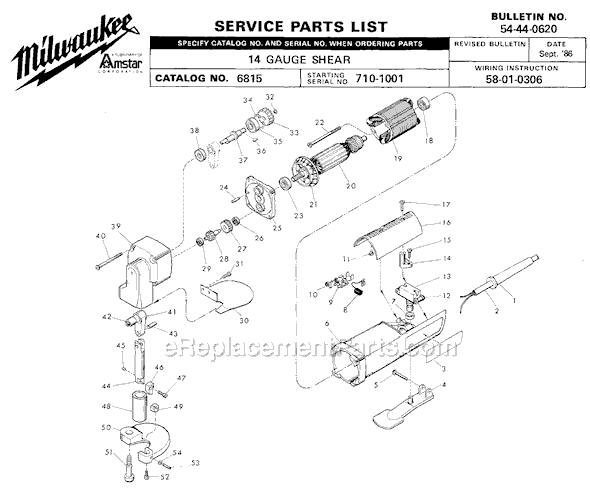 Page A Diagram and Parts List for 6815 SER 710-1001 Milwaukee Nibbler & Shears