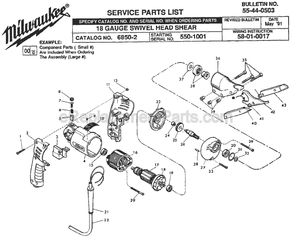 Page A Diagram and Parts List for 6850-2 SER 550-1001 Milwaukee Nibbler & Shears