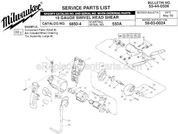 Page A Diagram and Parts List for 6850-4 SER 550-1001 Milwaukee Nibbler & Shears