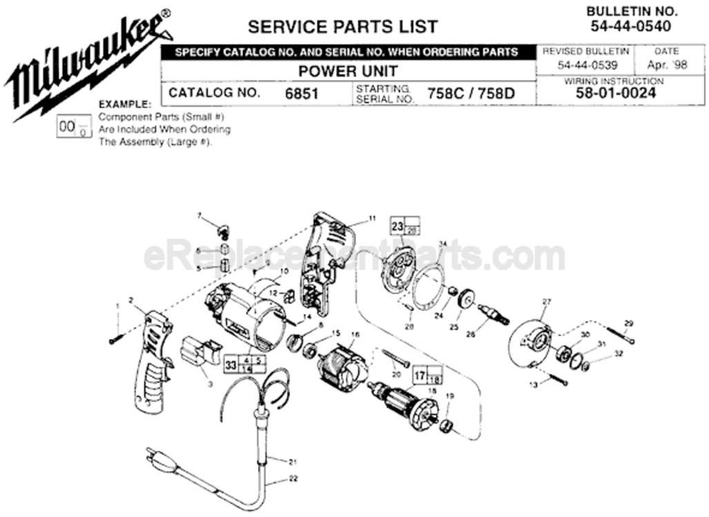 Page A Diagram and Parts List for 6851 SER 758C Milwaukee Electric Drill