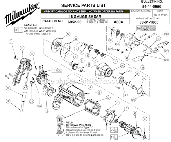 Page A Diagram and Parts List for 6852-20 SER A80A Milwaukee Nibbler & Shears