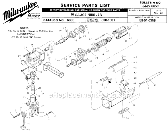 Page A Diagram and Parts List for 6880 SER 630-1001 Milwaukee Nibbler & Shears