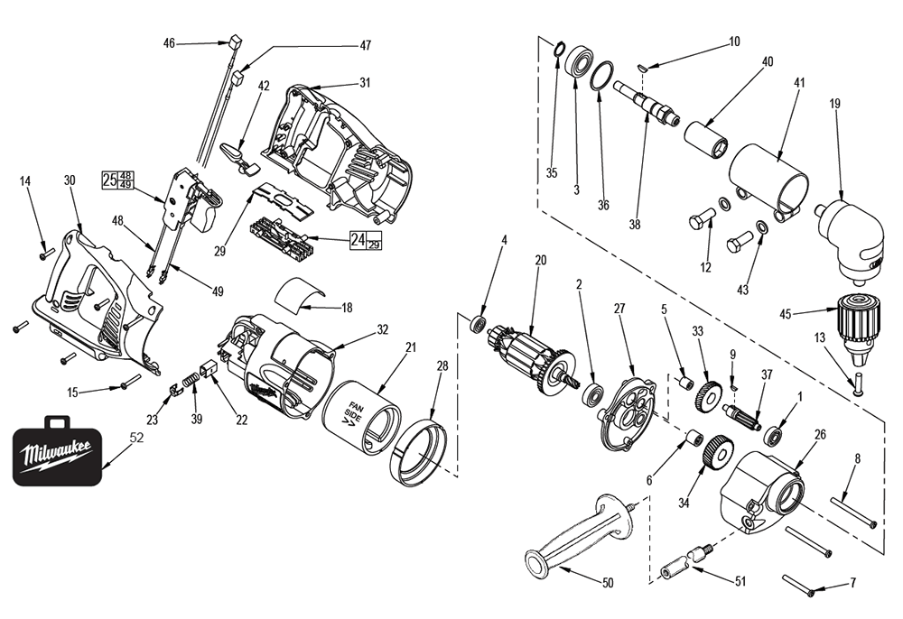 Fig-0 Diagram and Parts List for 0721-20 A73B Milwaukee Electric Drill