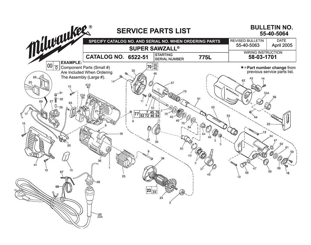 Fig-0 Diagram and Parts List for 6522-51 775L Milwaukee Saw