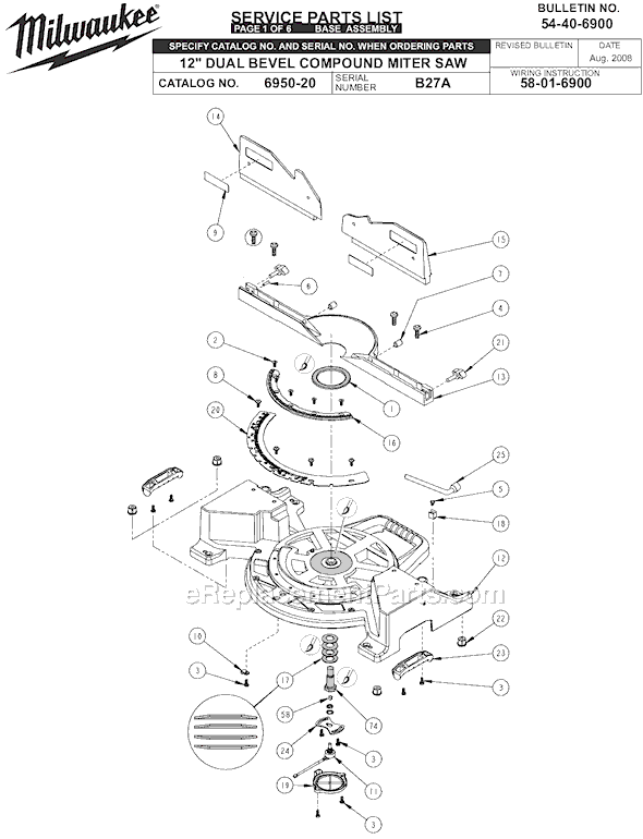 Page A Diagram and Parts List for 6950-20 SER B27A Milwaukee Miter Saw
