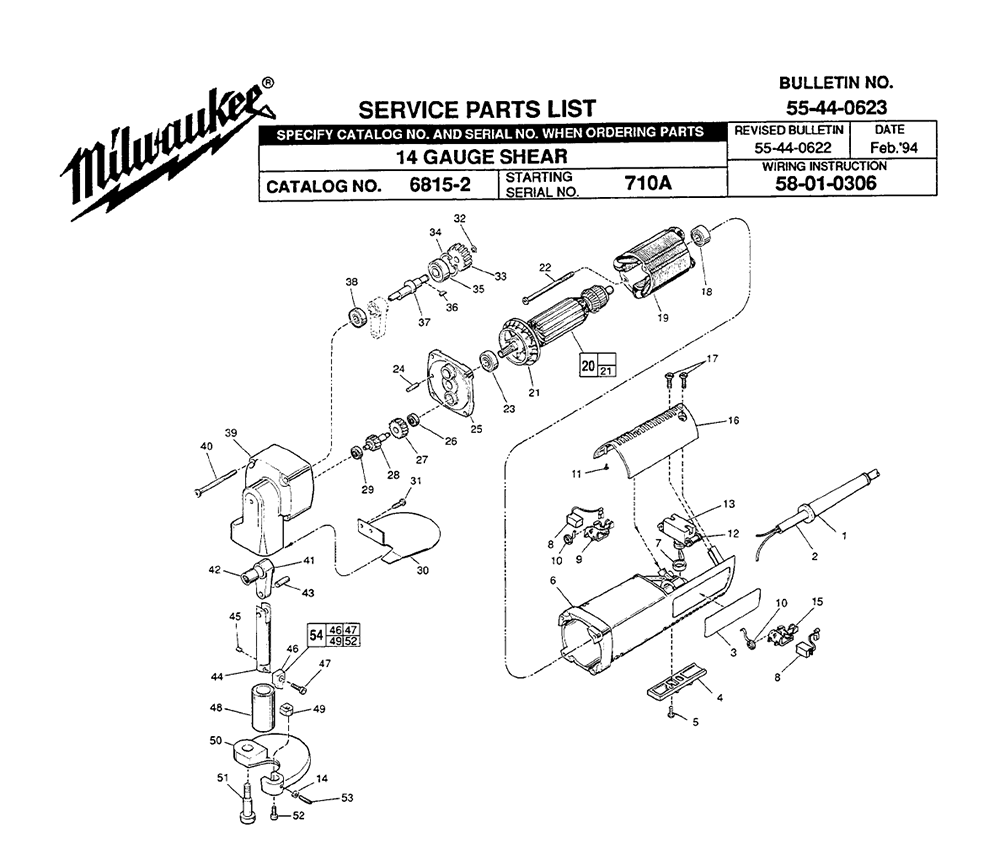 Fig-0 Diagram and Parts List for 6815-2 710A Milwaukee Nibbler & Shears
