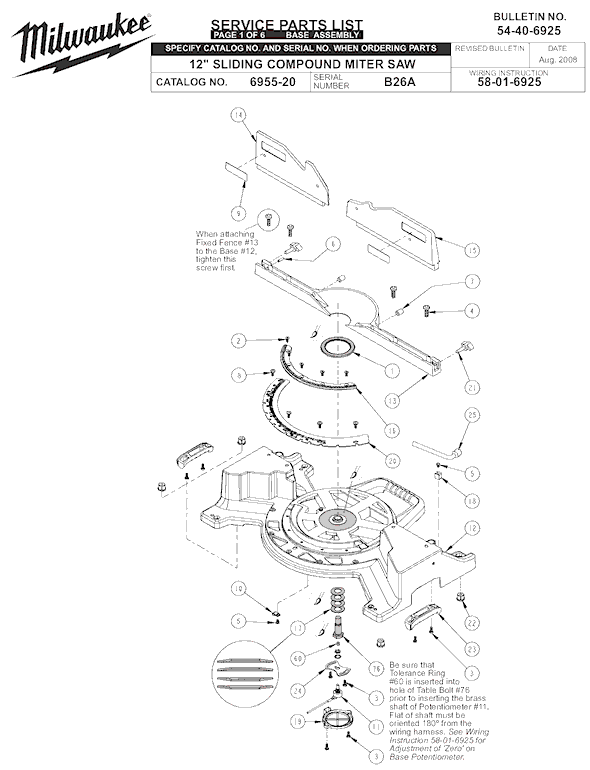 Page A Diagram and Parts List for 6955-20 SER B26A Milwaukee Miter Saw