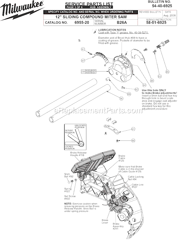 Page C Diagram and Parts List for 6955-20 SER B26A Milwaukee Miter Saw