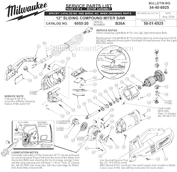Page E Diagram and Parts List for 6955-20 SER B26A Milwaukee Miter Saw