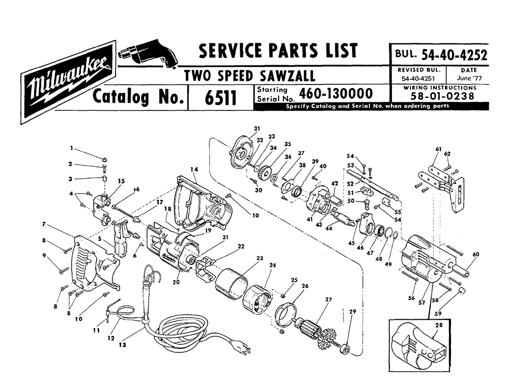 Fig-0 Diagram and Parts List for 6511-2 460-130000 Milwaukee Saw